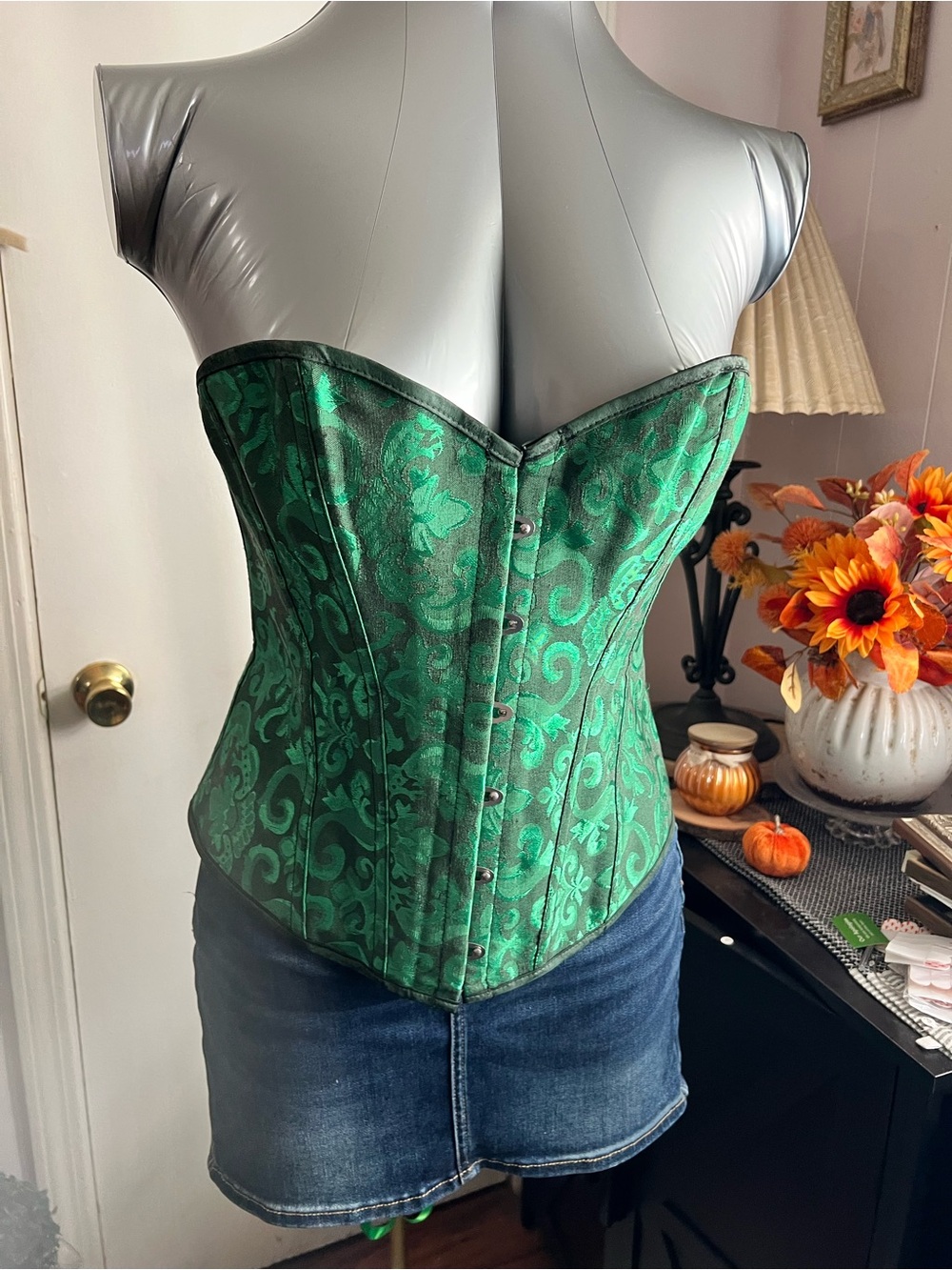SHEIN Green Brocade Overbust Corset Top